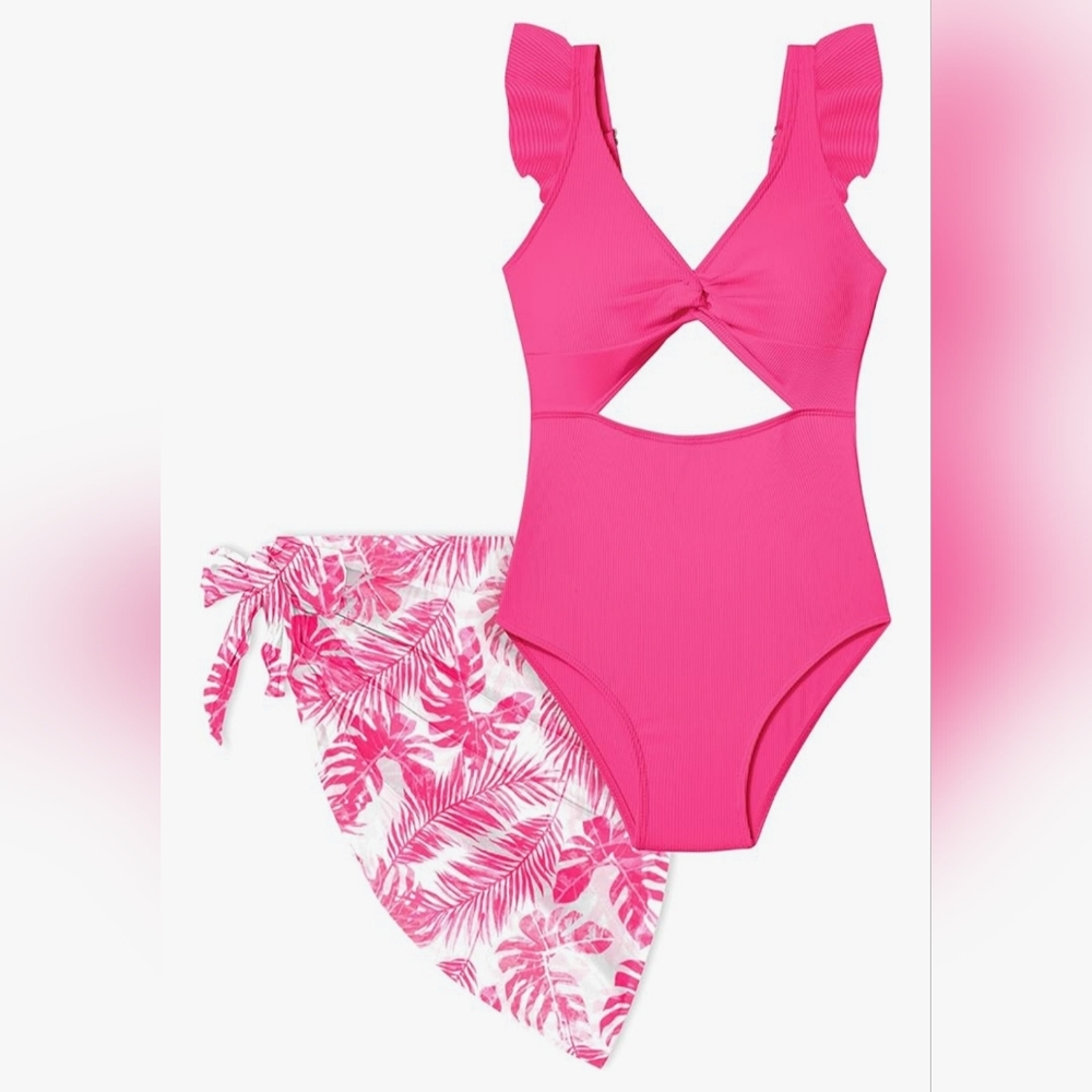 Girls Bright Pink Swimsuit with Leaf Print Sarong